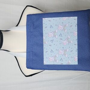 Stylish Blue Tote Bag with Patterned Pocket. Handmade.